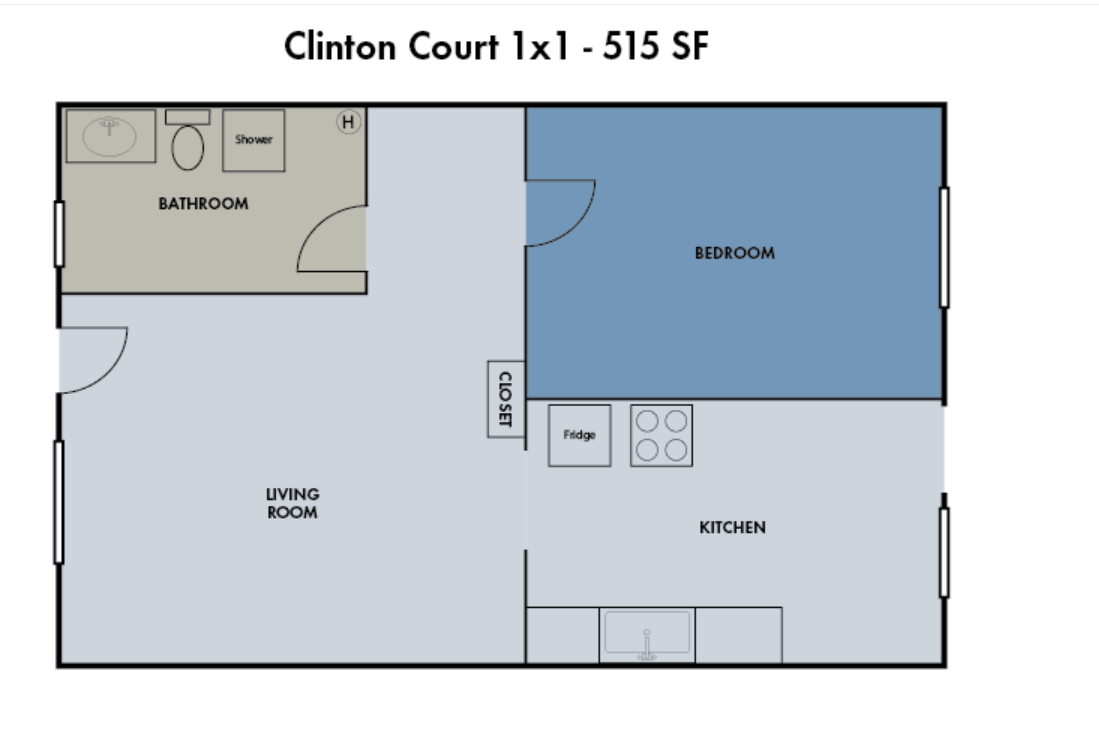 Floor plan for 1 bed, 1 bath, 454 sqft